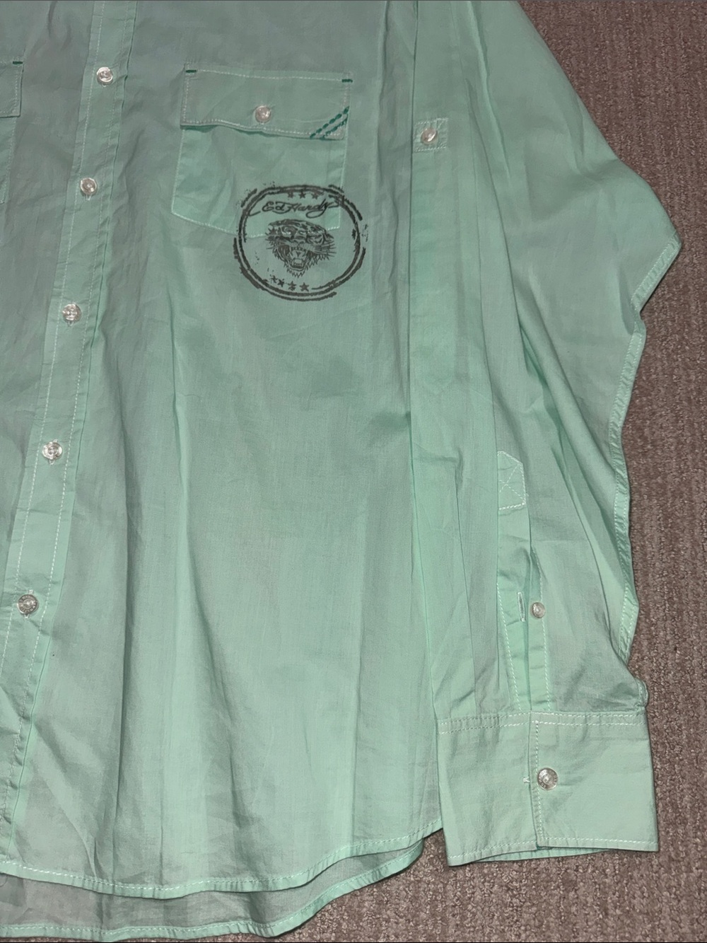 Vintage Ed Hardy Mens XL Mint Green Graphic Long Sleeve Button Up Shirt Y2K - Picture 2 of 12